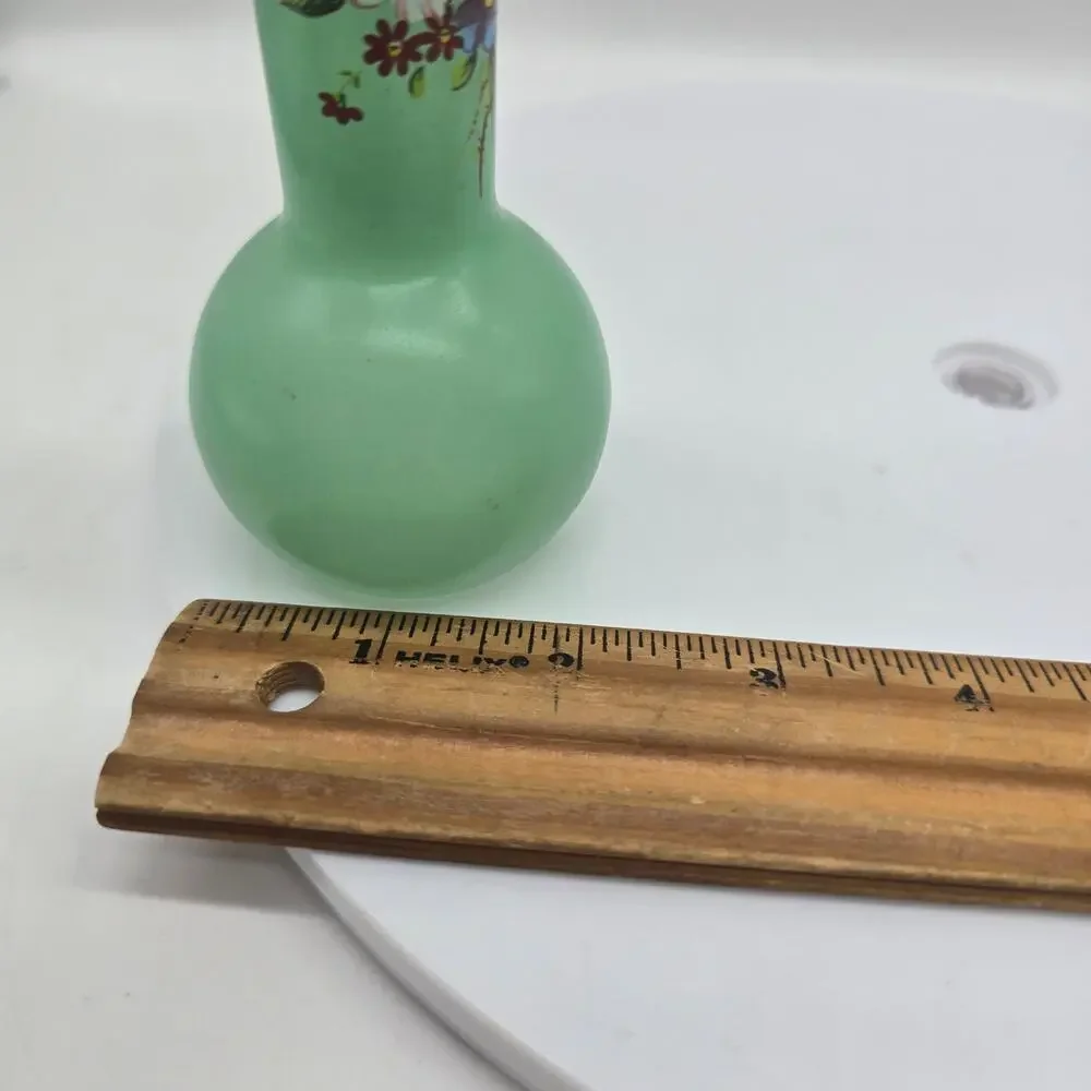 Vintage Frosted Glass Fluted Bud Vase with Flowers & Gold Rim Green 6